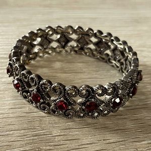Red / garnet and silver stretch rhinestone beaded bracelet